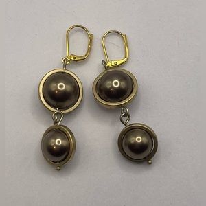 Vintage Gold Tone and Faux Black Pearl Dangle Pierced Earrings